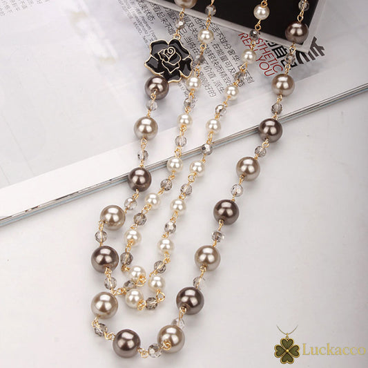 Luckacco korean Camellia double layerd sweater long chain pearl necklace pendant jewelry for women party