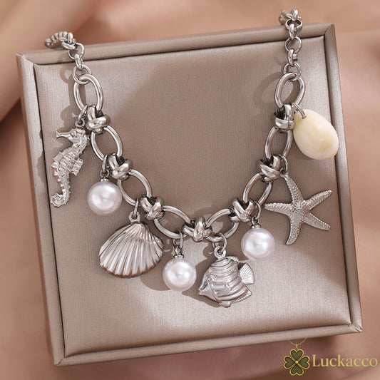 Luckacco Starfish Conch Imitation Pearl Women Stainless steel Necklace Sun and Moon Pendant  Summer Beach Vacation Y2K Fashion Jewelry