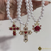 Luckacco Vintage Red Rose Baroque Cross Pearl Pendant Necklace for Women's Palace Aesthetic Jewelry