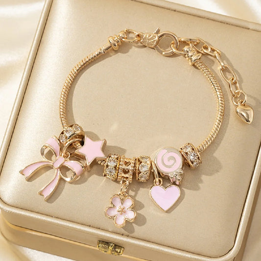 Luckacco 1pc Women's Adjustable Gold Color Rhinestone Butterfly Heart Lollipop Beads Bracelets Elegant Jewelry Daily Wear Party Gifts
