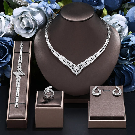 Luckacco 2024 New Wedding Jewelry Set for Women Saudi Arabia 4 Pieces Zirconia Bridal Jewellery Collection Necklace Set