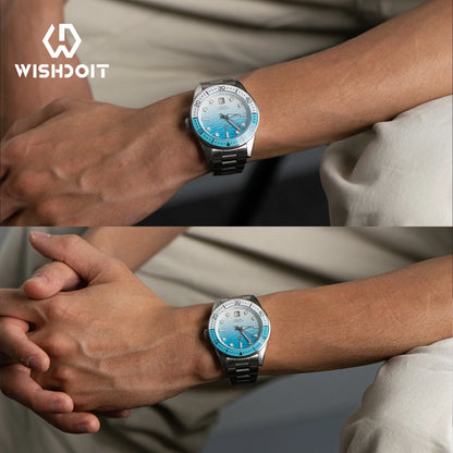 Luckacco WISHDOIT Men's Automatic Dive Watch With Ocean Blue And White Ripple Dial 8215 Movement Sapphire Glass Mirror