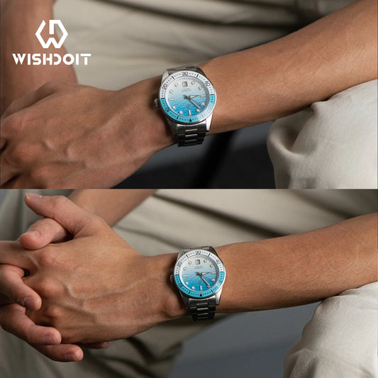 Luckacco WISHDOIT Men's Automatic Dive Watch With Ocean Blue And White Ripple Dial 8215 Movement Sapphire Glass Mirror