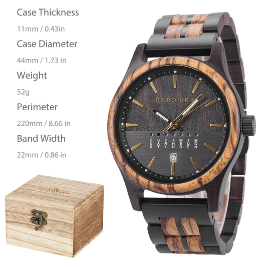 Luckacco BOBO BIRD Wooden Quartz Watch Vintage Man Watch With Calendar Original Luxury Brands Men's Wooden Wristwatch 2024 New Arrival