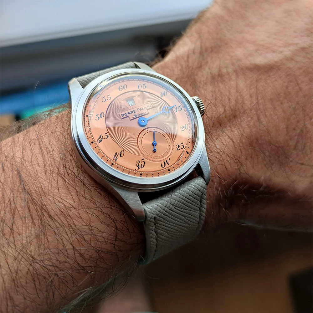 luckacco spot goods new pierre paulin jumping hour men watch salmon dial automatic st17 mechanical watch vintage bonklip bracelet