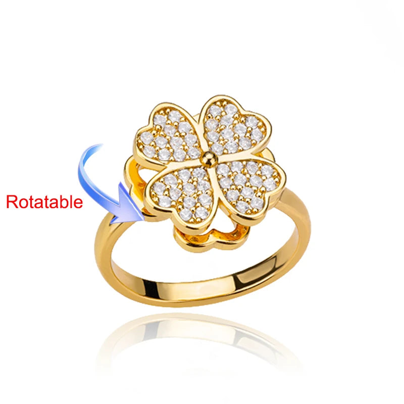 luckacco four clover rotating anxiety rings for women gold color adjustable stainless steel wedding ring aesthetic jewelry gift anillos