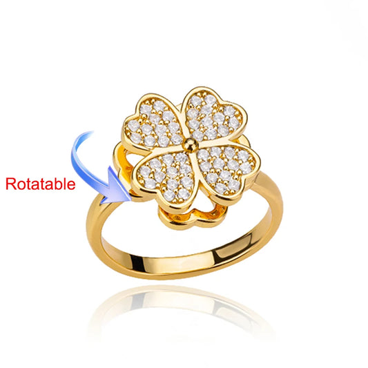 Luckacco Four Clover Rotating Anxiety Rings for Women Gold Color Adjustable Stainless Steel Wedding Ring Aesthetic Jewelry Gift anillos