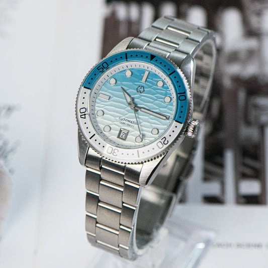 Luckacco WISHDOIT Men's Automatic Dive Watch With Ocean Blue And White Ripple Dial 8215 Movement Sapphire Glass Mirror