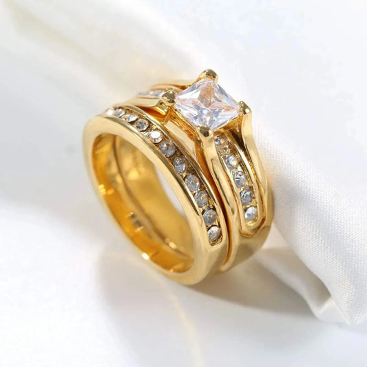 Luckacco Couple Rings Exquisite Women Rhinestones Zirconia Rings Set Simple Gold Color Men Stainless Steel CZ Stone Rings Wedding Jewelry