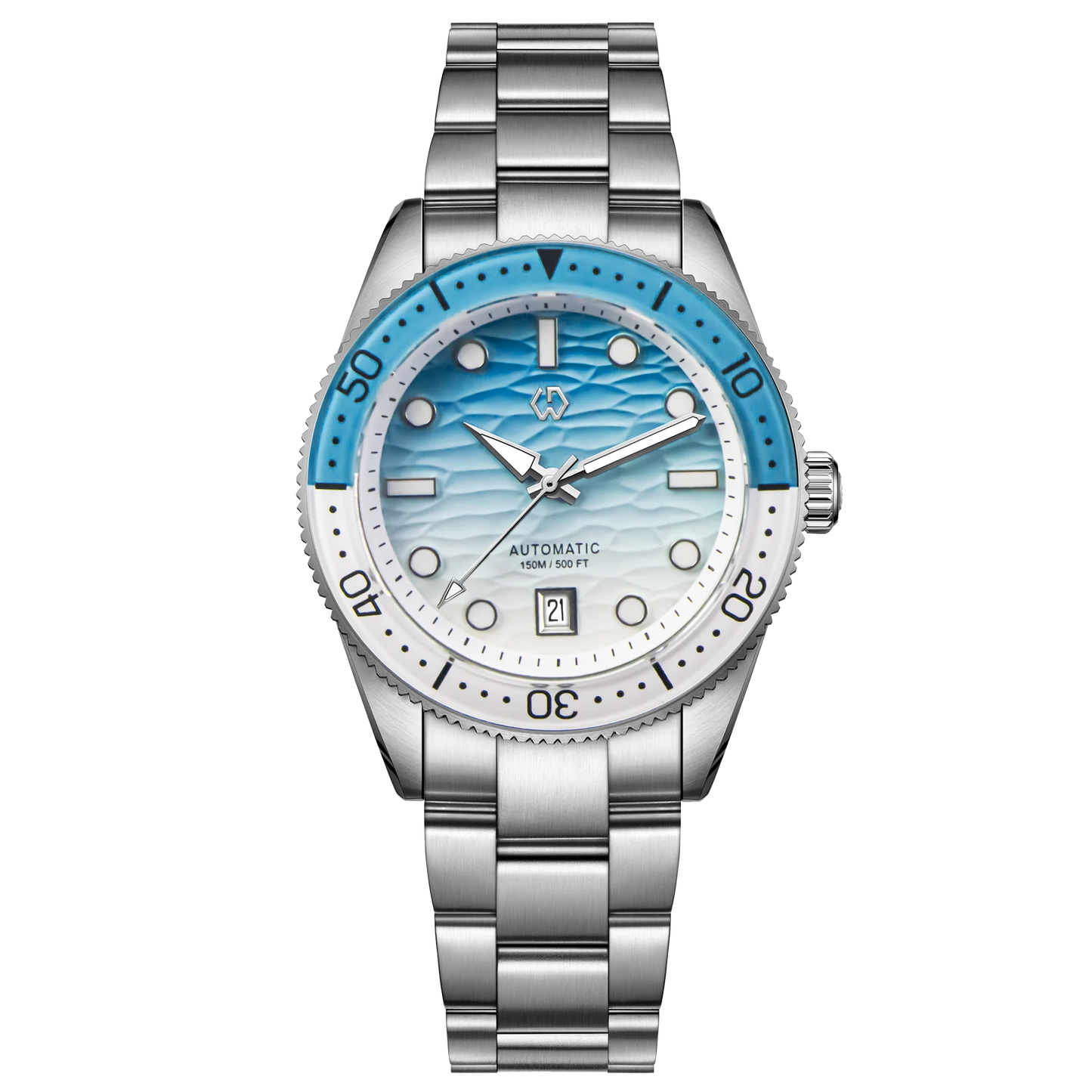 luckacco wishdoit men's automatic dive watch with ocean blue and white ripple dial 8215 movement sapphire glass mirror