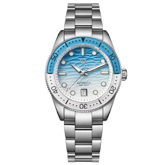 Luckacco WISHDOIT Men's Automatic Dive Watch With Ocean Blue And White Ripple Dial 8215 Movement Sapphire Glass Mirror