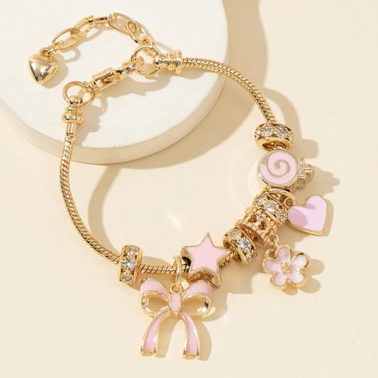 Luckacco 1pc Women's Adjustable Gold Color Rhinestone Butterfly Heart Lollipop Beads Bracelets Elegant Jewelry Daily Wear Party Gifts