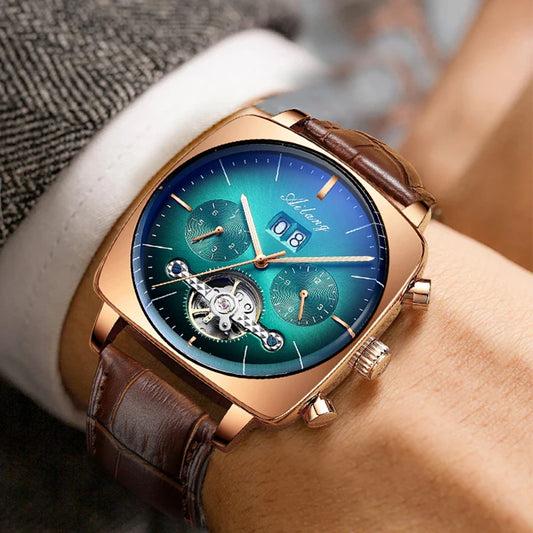 Luckacco AILANG Fashion Green Big Dial Square Mechanical Watch for Men Leather Strap Waterproof Tourbillon Watches Mens Relogio Masculino