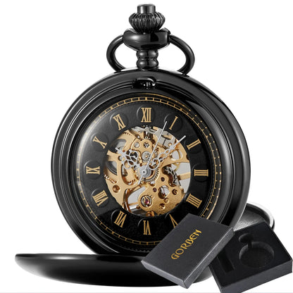 Luckacco Vintage 2 Sides Open Case Mechanical Men's Watch Double Face Roman Dial Clock Hand Wind Pocket Watch With FOB Chain Gift