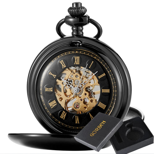 Luckacco Vintage 2 Sides Open Case Mechanical Men's Watch Double Face Roman Dial Clock Hand Wind Pocket Watch With FOB Chain Gift