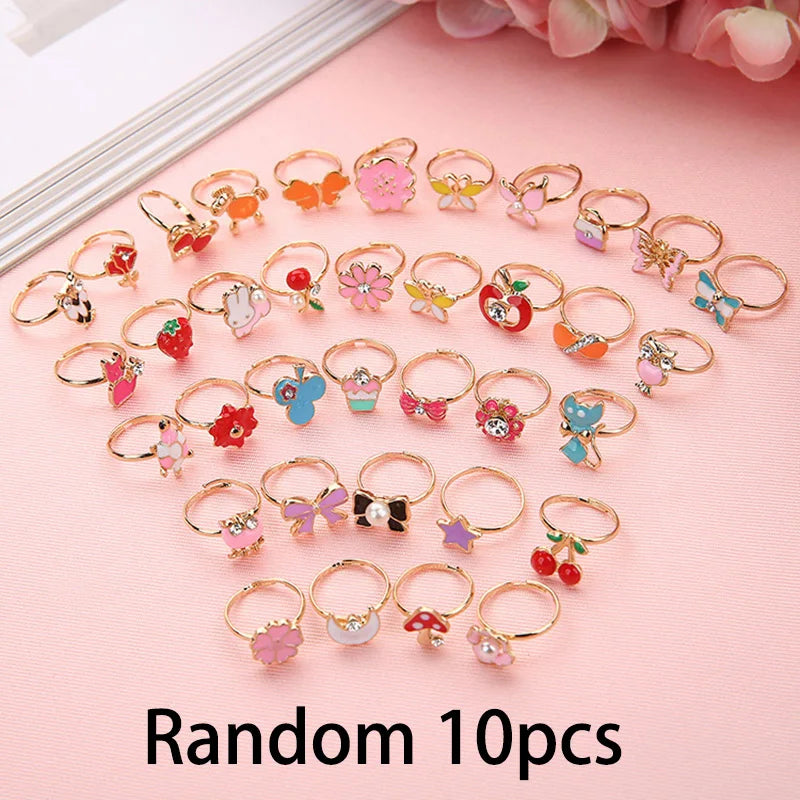 luckacco 10pcs cute cartoon kids rings kawaii korean children girls flower alloy finger ring child jewelry gift adjustable rings
