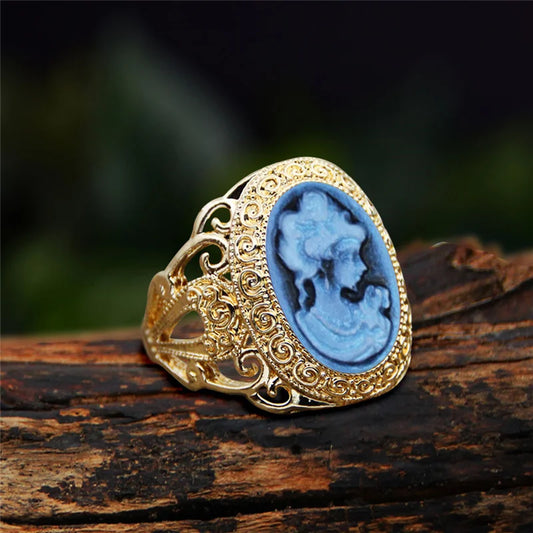 Luckacco 6 Colors Lady Queen Cameo Rings For Women Gold Color Pink Blue Gray Fashion Hollow Flower Lady Cameo Ring