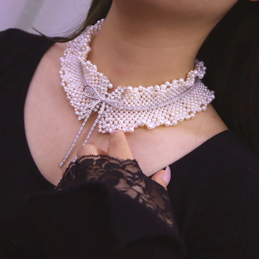 Luckacco Fine Jewelry Luxury 925 Silver Bowknot White Gray Natural Freshwater Pearl Collar Wide Necklace Vintage Women
