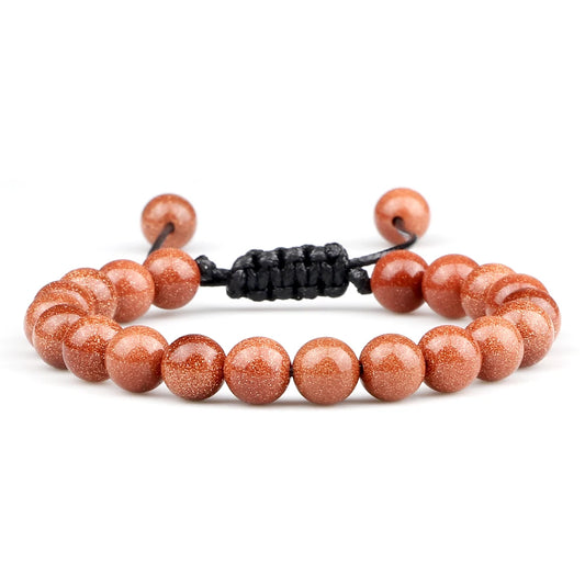 Luckacco Blue Sandstone Beads Bracelet for Women Men Goldstone Quartz Round Beads Bracelet Handmade Adjustable Rope Shining Wrist Jewelry