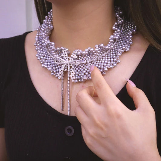 Luckacco Fine Jewelry Luxury 925 Silver Bowknot White Gray Natural Freshwater Pearl Collar Wide Necklace Vintage Women