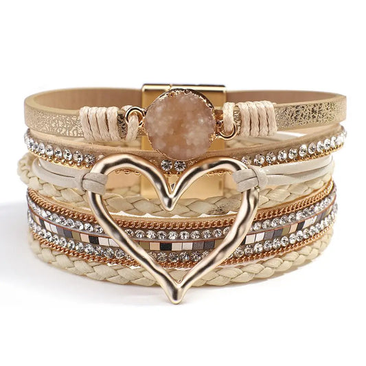Luckacco Amorcome Fashion Braided Leather Wrap Bracelets Bangles Multilayer Resin Stone Hollow Heart Charm Bracelets Women Gift Pulseira