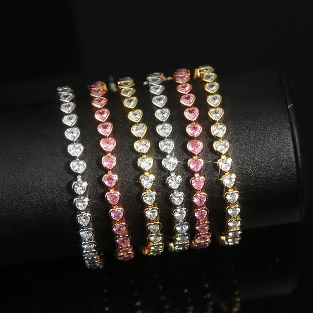 luckacco 2025 new iced out aaa cubic zirconia heart tennis chain bracelet silver color cz charm chain bracelet hip hop jewelry for women