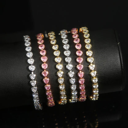 Luckacco 2025 New Iced Out AAA Cubic Zirconia Heart Tennis Chain Bracelet Silver Color CZ Charm Chain Bracelet Hip Hop Jewelry For Women