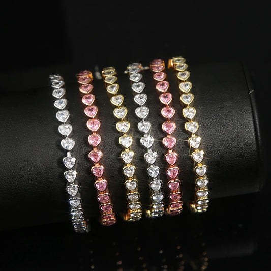 Luckacco 2025 New Iced Out AAA Cubic Zirconia Heart Tennis Chain Bracelet Silver Color CZ Charm Chain Bracelet Hip Hop Jewelry For Women