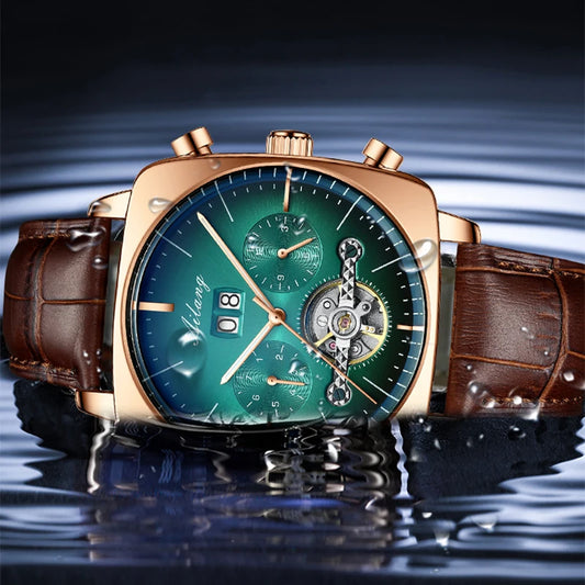 Luckacco AILANG Fashion Green Big Dial Square Mechanical Watch for Men Leather Strap Waterproof Tourbillon Watches Mens Relogio Masculino