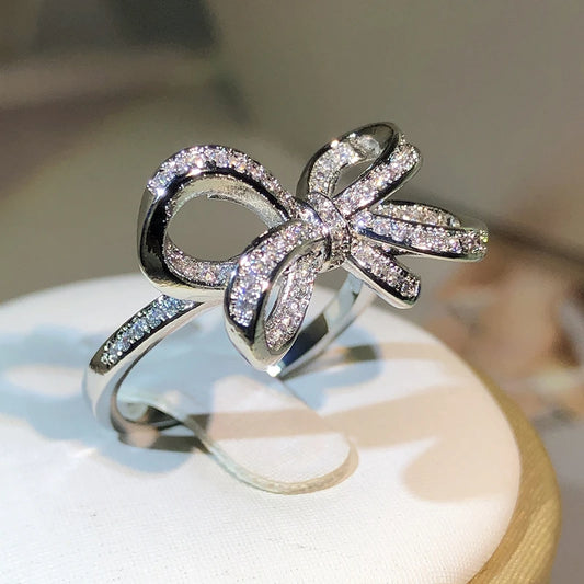 Luckacco 925 Sterling Silver Classic Big Bow Bow Bow Zircon Ring For Ladies Fashion Birthday Wedding Engagement Jewelry Gift