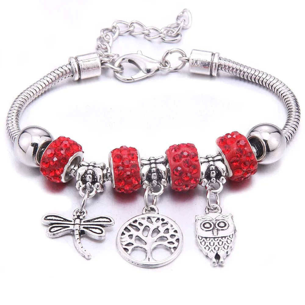 luckacco  dragonfly owl shape crystal charm bracelets beads bracelet women diy beads brand bracelets & bangles jewelry gift
