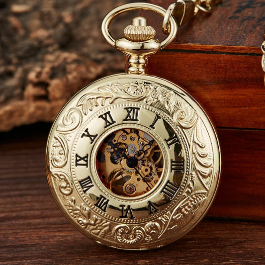 Luckacco Vintage 2 Sides Open Case Mechanical Men's Watch Double Face Roman Dial Clock Hand Wind Pocket Watch With FOB Chain Gift