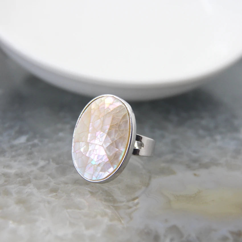 luckacco natural beautiful abalone shell adjustable rings, pearl classic round shape rings,finger rings reiki heal geode rings jewelry