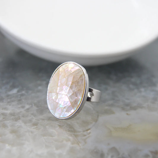 Luckacco Natural Beautiful Abalone Shell Adjustable Rings, Pearl Classic Round Shape Rings,Finger Rings Reiki Heal Geode Rings Jewelry