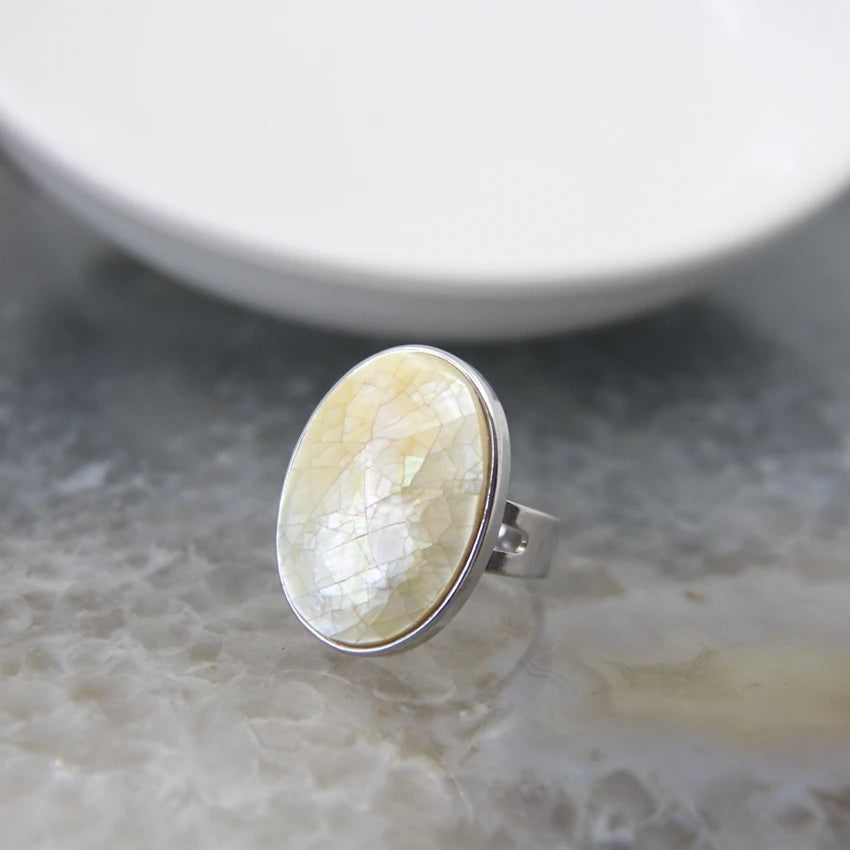 luckacco natural beautiful abalone shell adjustable rings, pearl classic round shape rings,finger rings reiki heal geode rings jewelry