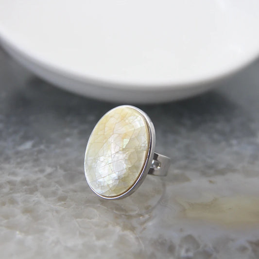 Luckacco Natural Beautiful Abalone Shell Adjustable Rings, Pearl Classic Round Shape Rings,Finger Rings Reiki Heal Geode Rings Jewelry
