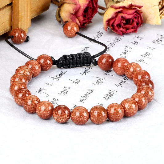 Luckacco Blue Sandstone Beads Bracelet for Women Men Goldstone Quartz Round Beads Bracelet Handmade Adjustable Rope Shining Wrist Jewelry