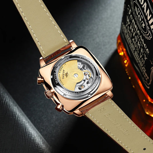 Luckacco AILANG Fashion Green Big Dial Square Mechanical Watch for Men Leather Strap Waterproof Tourbillon Watches Mens Relogio Masculino