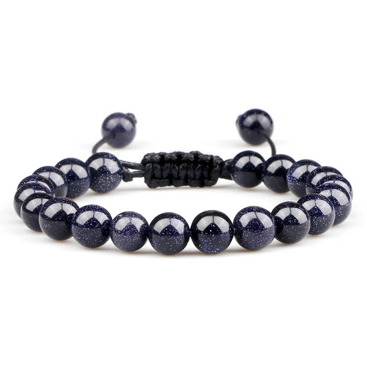 Luckacco Blue Sandstone Beads Bracelet for Women Men Goldstone Quartz Round Beads Bracelet Handmade Adjustable Rope Shining Wrist Jewelry