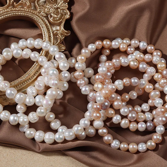 Luckacco Elegant Natural Freshwater Pearl Bracelets for Women White Baroque Pearl Charm Elastic Bangle Fine Jewelry Wedding Party 8-9mm