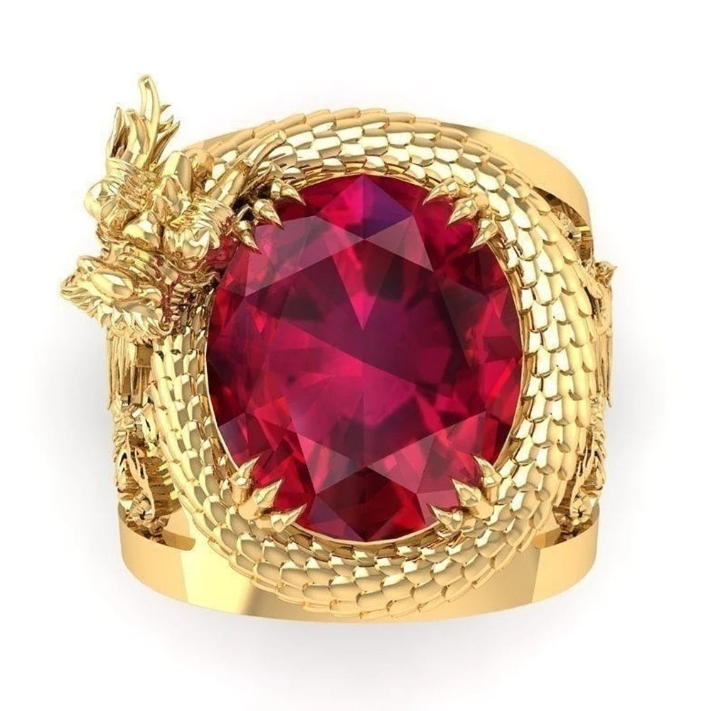 luckacco daily picks luxury gold color dragon pattern men rings inlaid big oval red stone noble wedding party finger rings male trendy jewelry