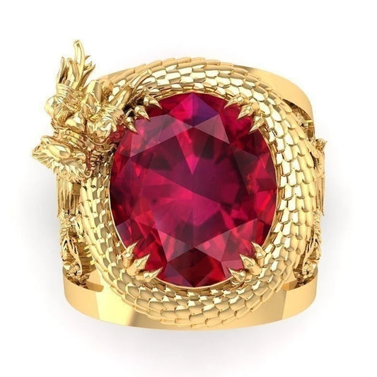 Luckacco daily picks Luxury Gold Color Dragon Pattern Men Rings Inlaid Big Oval Red Stone Noble Wedding Party Finger Rings Male Trendy Jewelry