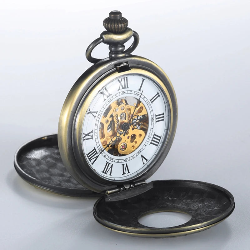 luckacco vintage 2 sides open case mechanical men's watch double face roman dial clock hand wind pocket watch with fob chain gift