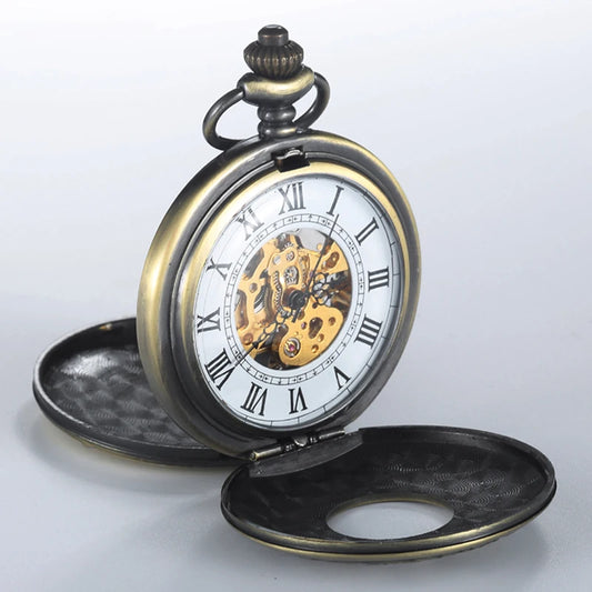Luckacco Vintage 2 Sides Open Case Mechanical Men's Watch Double Face Roman Dial Clock Hand Wind Pocket Watch With FOB Chain Gift