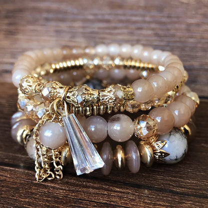 Luckacco Bohemian 4pcs Crystal Multi-layer Beaded Bracelet for Women Sweet Girls Colorful Round Shape Jewelry Friendship  Gifts