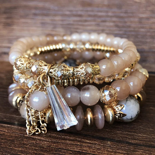 Luckacco Bohemian 4pcs Crystal Multi-layer Beaded Bracelet for Women Sweet Girls Colorful Round Shape Jewelry Friendship  Gifts