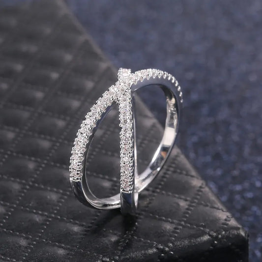Luckacco daily picks Luxury Cross X Shape Women Engagement Ring Full Paved CZ Stone Silver Color Elegant Simple Female Jewelry Ring Hot Sale