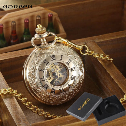 Luckacco Vintage 2 Sides Open Case Mechanical Men's Watch Double Face Roman Dial Clock Hand Wind Pocket Watch With FOB Chain Gift