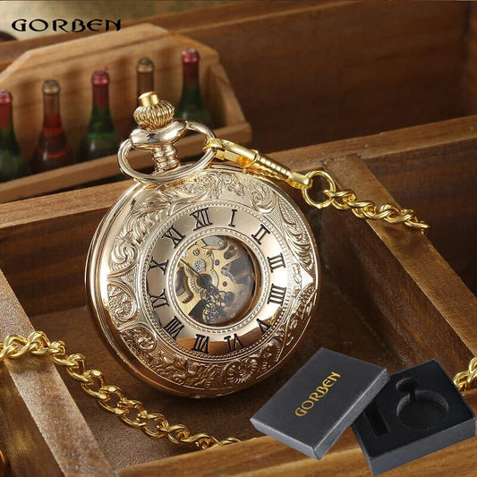 Luckacco Vintage 2 Sides Open Case Mechanical Men's Watch Double Face Roman Dial Clock Hand Wind Pocket Watch With FOB Chain Gift
