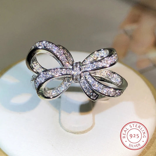 Luckacco 925 Sterling Silver Classic Big Bow Bow Bow Zircon Ring For Ladies Fashion Birthday Wedding Engagement Jewelry Gift